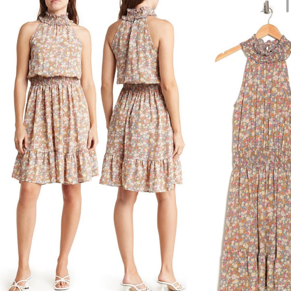 WEST KEI Floral Smoked Halter Dress Size S